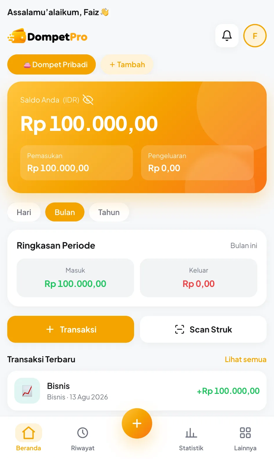 Screenshot layar Beranda DompetPro